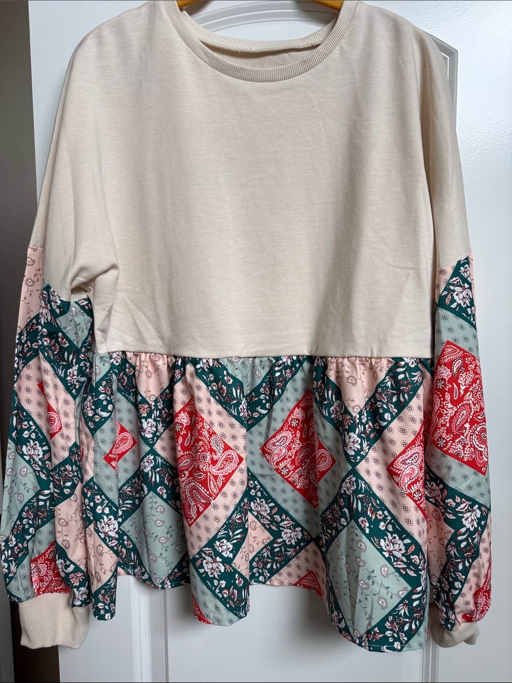 Women’s Cream Patchwork Peplum Top with Red & Green Accents
